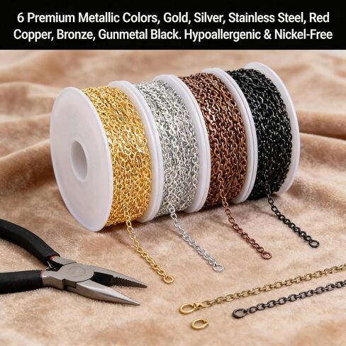 60ft Cable Link Chains for Making Jewelry Necklace Earring Bracelet Findings, 6-Color 2mm Golden Silver Copper Plated Metal Link Rolls Bulk, Ideal for DIY Craft Kit and Gift Design Multi-Color in Kuwait