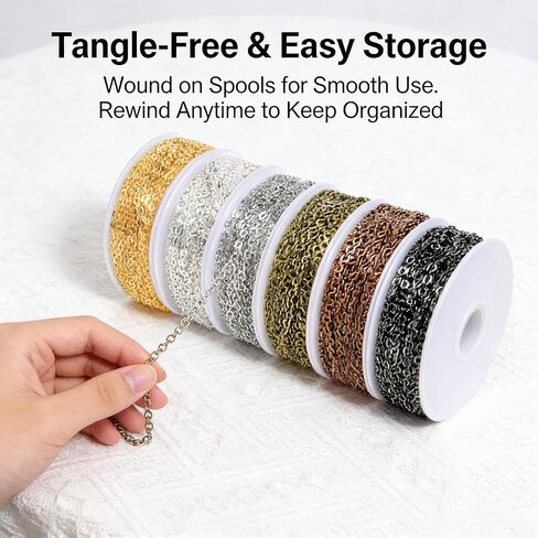 60ft Cable Link Chains for Making Jewelry Necklace Earring Bracelet Findings, 6-Color 2mm Golden Silver Copper Plated Metal Link Rolls Bulk, Ideal for DIY Craft Kit and Gift Design Multi-Color in Kuwait