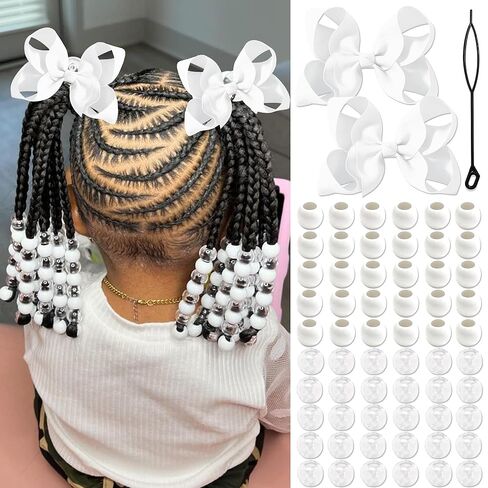 NAISKA 62PCS White Hair Beads Kit Large Bow Hair Clips Clear Pony Beads Jewelry for Braids White Hair Accessories Sets for Kids Girls in Saudi Arabia