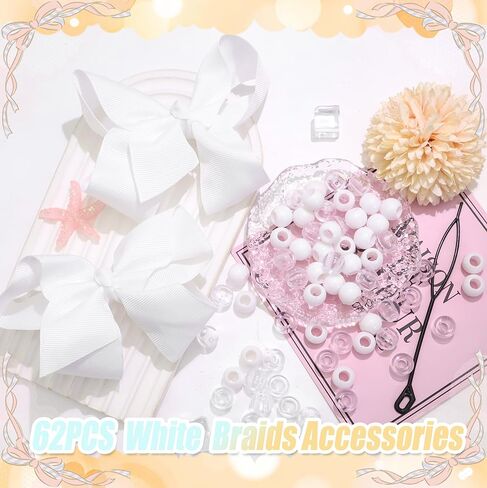 NAISKA 62PCS White Hair Beads Kit Large Bow Hair Clips Clear Pony Beads Jewelry for Braids White Hair Accessories Sets for Kids Girls in Saudi Arabia