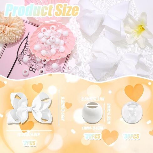 NAISKA 62PCS White Hair Beads Kit Large Bow Hair Clips Clear Pony Beads Jewelry for Braids White Hair Accessories Sets for Kids Girls in Saudi Arabia
