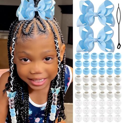 NAISKA 62PCS White Hair Beads Kit Large Bow Hair Clips Clear Pony Beads Jewelry for Braids White Hair Accessories Sets for Kids Girls in Saudi Arabia
