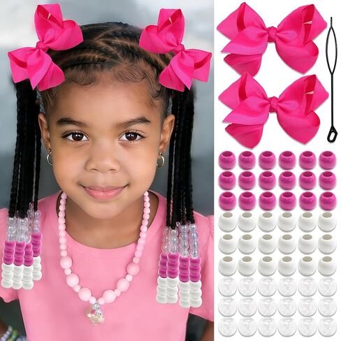 NAISKA 62PCS White Hair Beads Kit Large Bow Hair Clips Clear Pony Beads Jewelry for Braids White Hair Accessories Sets for Kids Girls in Saudi Arabia