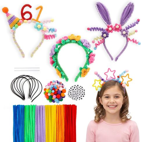 Caydo 364PCS DIY Headband Making Kit for Girls Gifts, Headband Crafts Kit with Colorful Pipe Cleaners, Pom Poms,Wiggle Eyes & Hot Glue Sticks for Making Your Own Fashion Headbands in Kuwait