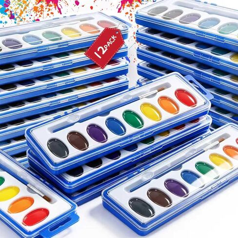 12 Pack Watercolor Paint Set Bulk – 8 Colors Washable Water Color Paints for Kids with Brushes | Watercolor Set, Watercolors, Water Paint Set, Acuarelas – Art Supplies for School, Classroom, Home, Valentine Party Favors in Kuwait