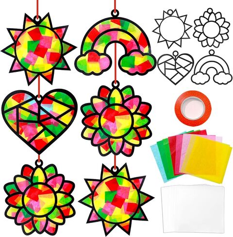 Qyeahkj 32 Set Suncatchers Crafts for DIY Rainbow Heart Window Tissue Paper Craft Kit Sunflower Sun Hanging Decor for Summer Home Activity Art Project Birthday Party Favor Gift in Kuwait