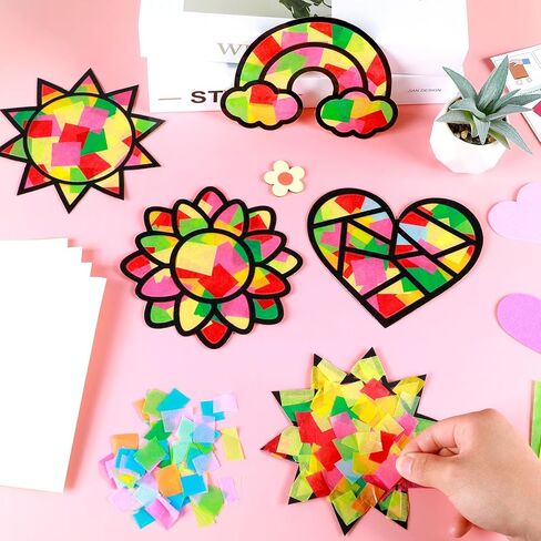 Qyeahkj 32 Set Suncatchers Crafts for DIY Rainbow Heart Window Tissue Paper Craft Kit Sunflower Sun Hanging Decor for Summer Home Activity Art Project Birthday Party Favor Gift in Kuwait