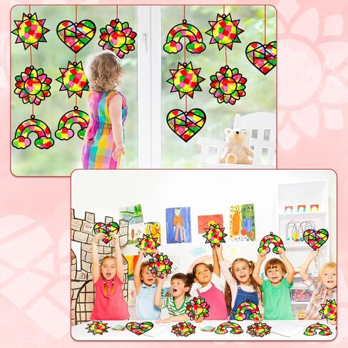 Qyeahkj 32 Set Suncatchers Crafts for DIY Rainbow Heart Window Tissue Paper Craft Kit Sunflower Sun Hanging Decor for Summer Home Activity Art Project Birthday Party Favor Gift in Kuwait