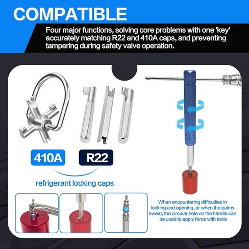 HVAC Locking Cap Tool, 4-in-1 Locking Cap Key 2pck for 【410A & R22 Refrigerant Safety Caps】, Hardened Steel Removal & Installation Tool with Handle for AC Refrigerant Valve Service in Kuwait