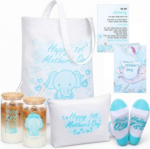 5 Pcs New Mom Gift Set, Elephant New Mom Gift Basket with Tote Bag Makeup Bag Cup Socks and Card for Expecting in Kuwait