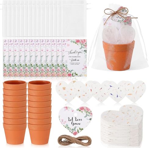 Dunzoom 50 Sets Wedding Gifts for Guests Heart Shaped Seed Paper Baby Shower Seed Packet Party Favor Plantable Paper Thank You Cards Mini Terracotta Pots and Organza Bags for Bridal Shower Party Favor in Kuwait