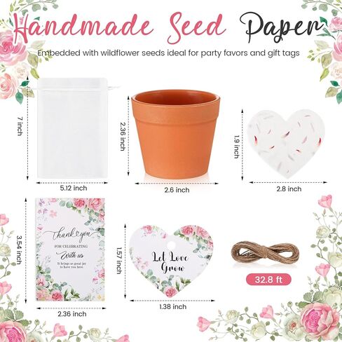 Dunzoom 50 Sets Wedding Gifts for Guests Heart Shaped Seed Paper Baby Shower Seed Packet Party Favor Plantable Paper Thank You Cards Mini Terracotta Pots and Organza Bags for Bridal Shower Party Favor in Kuwait