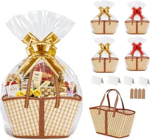 6 Set Bamboo Gift Basket Large Empty Bulk, Foldable Woven Basket for Gifts Empty, Extra Large DIY Gift Basket Set with Handle for Mother's Day, Valentine's, Wedding, Easter,Baby Shower Birthday, Christmas in Kuwait