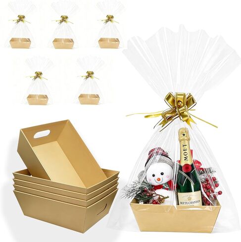 CANIYA 5-Pack Empty Gift Baskets Set, 10x8.5’’ Large Kraft Gift Basket with 5 Clear Bags & 5 Gold Bows - Sturdy DIY Baskets for Christmas Valentines Thanksgiving Birthday Wrapping Gift in Kuwait