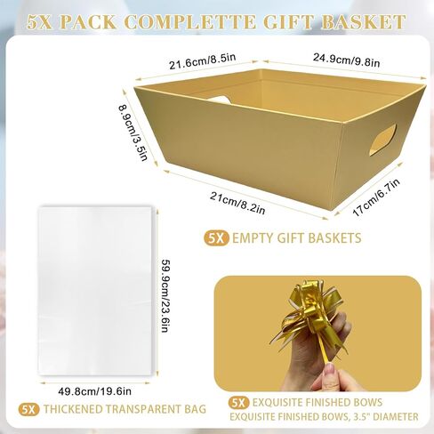 CANIYA 5-Pack Empty Gift Baskets Set, 10x8.5’’ Large Kraft Gift Basket with 5 Clear Bags & 5 Gold Bows - Sturdy DIY Baskets for Christmas Valentines Thanksgiving Birthday Wrapping Gift in Kuwait