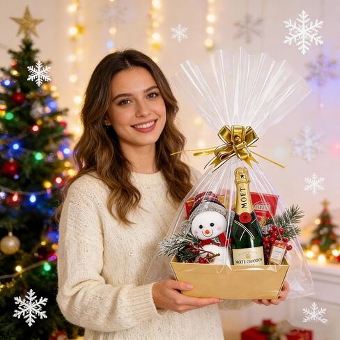 CANIYA 5-Pack Empty Gift Baskets Set, 10x8.5’’ Large Kraft Gift Basket with 5 Clear Bags & 5 Gold Bows - Sturdy DIY Baskets for Christmas Valentines Thanksgiving Birthday Wrapping Gift in Kuwait