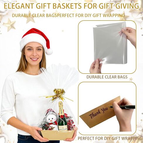 CANIYA 5-Pack Empty Gift Baskets Set, 10x8.5’’ Large Kraft Gift Basket with 5 Clear Bags & 5 Gold Bows - Sturdy DIY Baskets for Christmas Valentines Thanksgiving Birthday Wrapping Gift in Kuwait