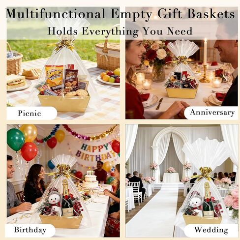 CANIYA 5-Pack Empty Gift Baskets Set, 10x8.5’’ Large Kraft Gift Basket with 5 Clear Bags & 5 Gold Bows - Sturdy DIY Baskets for Christmas Valentines Thanksgiving Birthday Wrapping Gift in Kuwait