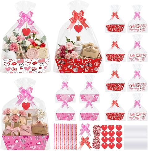 Dojomadf 12 Pack Happy Mothers Day Baskets for Gifts Empty with Cellophane Bags Bows Love Cards Happy Mother's Day Market Tray Cardboard Basket for Mom Birthday Party Decor in Kuwait