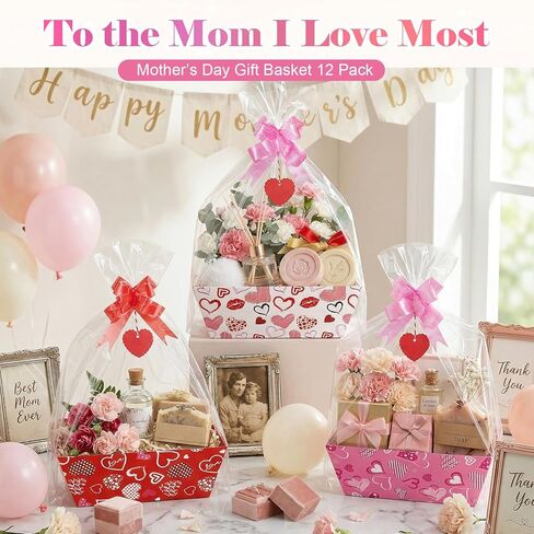 Dojomadf 12 Pack Happy Mothers Day Baskets for Gifts Empty with Cellophane Bags Bows Love Cards Happy Mother's Day Market Tray Cardboard Basket for Mom Birthday Party Decor in Kuwait