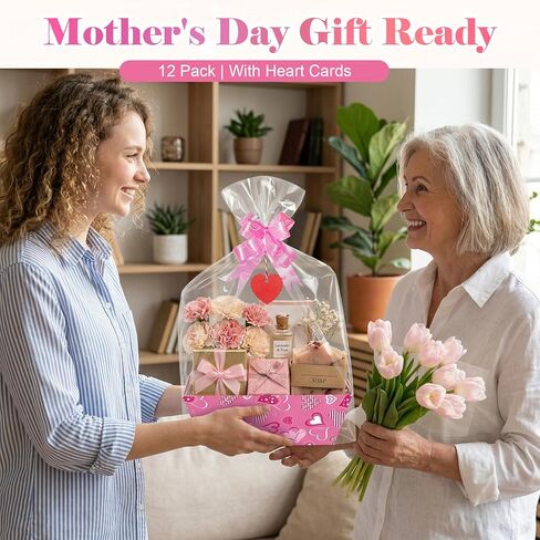 Dojomadf 12 Pack Happy Mothers Day Baskets for Gifts Empty with Cellophane Bags Bows Love Cards Happy Mother's Day Market Tray Cardboard Basket for Mom Birthday Party Decor in Kuwait