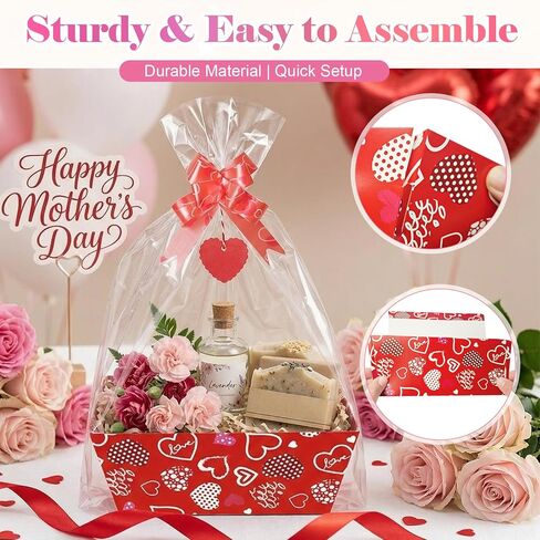 Dojomadf 12 Pack Happy Mothers Day Baskets for Gifts Empty with Cellophane Bags Bows Love Cards Happy Mother's Day Market Tray Cardboard Basket for Mom Birthday Party Decor in Kuwait