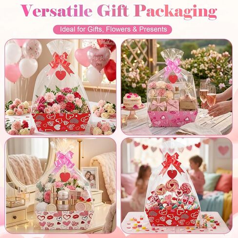 Dojomadf 12 Pack Happy Mothers Day Baskets for Gifts Empty with Cellophane Bags Bows Love Cards Happy Mother's Day Market Tray Cardboard Basket for Mom Birthday Party Decor in Kuwait