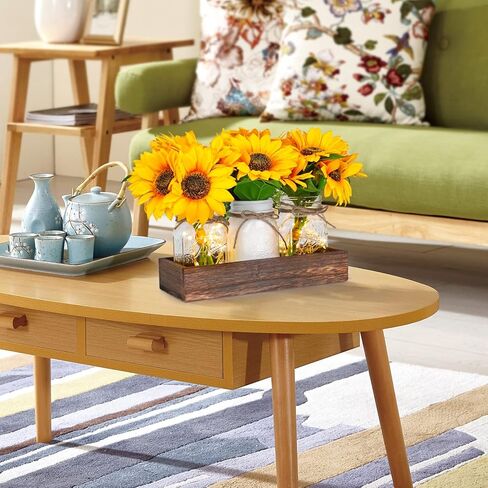 Fowecelt Mason Jar Lights Table Centerpiece Decoration for Dining Room Living Room Kitchen Decor Wood Tray with 3 Jars Sunflower Farmhouse Coffee Centerpieces Table Decor in Saudi Arabia