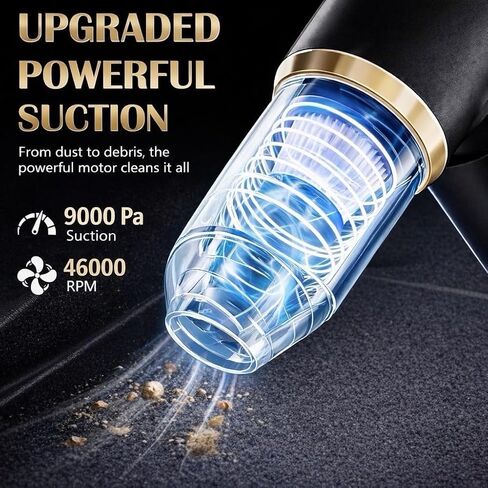 مكنسة سيارة ومنفضة هواء محمولة، قوة شفط 9000 باسكال، بطارية 4000 مللي أمبير، شحن USB-C، أسود وذهبي، مع 6 ملحقات in Kuwait