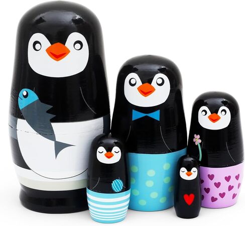 5 PCS Penguin Animal Nesting Dolls Wooden Set, Colorful Matryoshka Stacking Toys, Cute Black Penguin Design, Kids Gift for Birthday Christmas Halloween, Home Office Decoration for Boys Girls in Kuwait