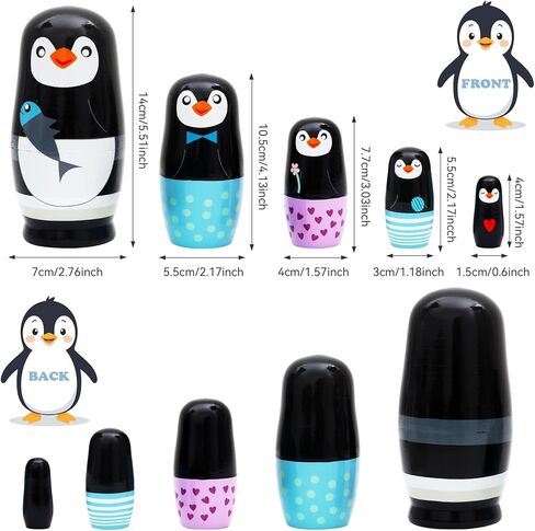 5 PCS Penguin Animal Nesting Dolls Wooden Set, Colorful Matryoshka Stacking Toys, Cute Black Penguin Design, Kids Gift for Birthday Christmas Halloween, Home Office Decoration for Boys Girls in Kuwait