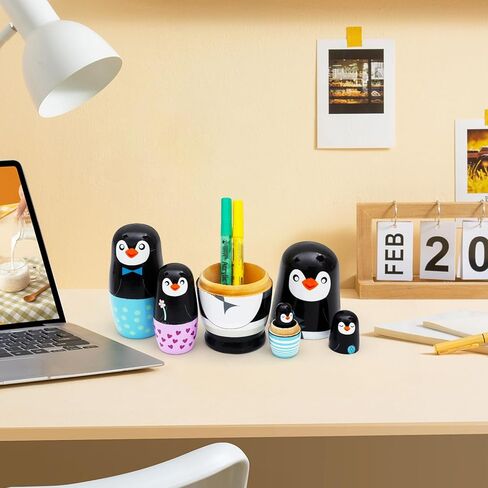 5 PCS Penguin Animal Nesting Dolls Wooden Set, Colorful Matryoshka Stacking Toys, Cute Black Penguin Design, Kids Gift for Birthday Christmas Halloween, Home Office Decoration for Boys Girls in Kuwait