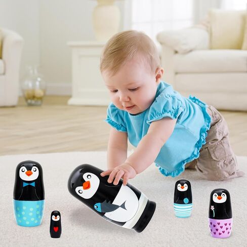 5 PCS Penguin Animal Nesting Dolls Wooden Set, Colorful Matryoshka Stacking Toys, Cute Black Penguin Design, Kids Gift for Birthday Christmas Halloween, Home Office Decoration for Boys Girls in Kuwait