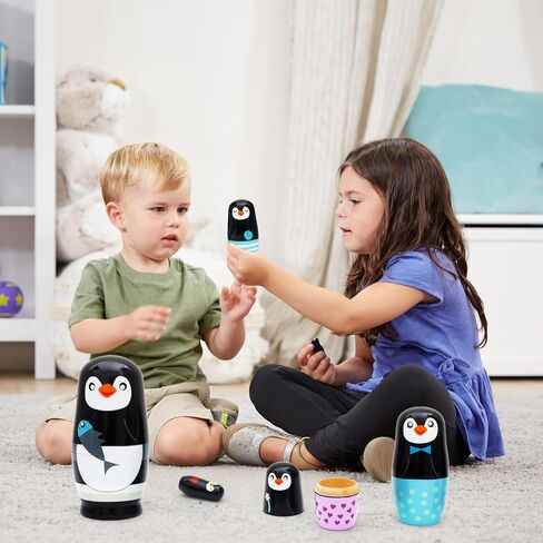 5 PCS Penguin Animal Nesting Dolls Wooden Set, Colorful Matryoshka Stacking Toys, Cute Black Penguin Design, Kids Gift for Birthday Christmas Halloween, Home Office Decoration for Boys Girls in Kuwait