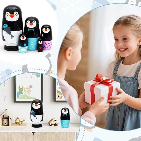 5 PCS Penguin Animal Nesting Dolls Wooden Set, Colorful Matryoshka Stacking Toys, Cute Black Penguin Design, Kids Gift for Birthday Christmas Halloween, Home Office Decoration for Boys Girls in Kuwait