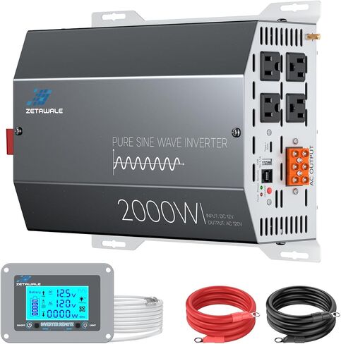 2000 Watts Pure Sine Wave Inverter 12V DC to 110V/120V AC Converter, 4000W Peak, LCD Remote Control, 4 AC Outlets, USB & Type-C – for RV, Truck, Off-Grid Solar, Emergency Power Backup in Kuwait