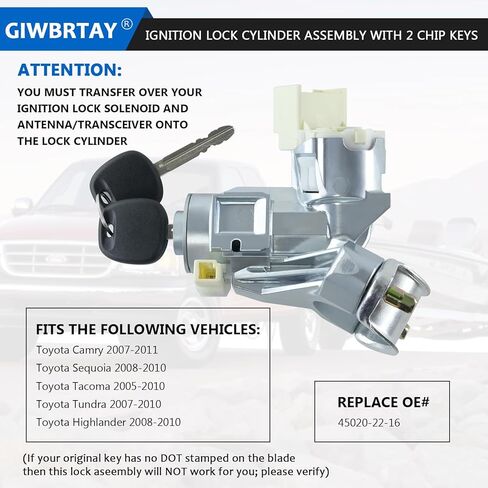 مجموعة مفاتيح أسطوانة قفل الإشعال 2 مفاتيح رقاقة لـ 2007-2011 Toyota Camry، Tundra 2007-2010، Tacoma 2005-2010، Sequoia 2008-2010، Highlander 2008-2010 W/Bolts PN:69057-04030، 45020-22-16 in Kuwait