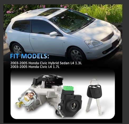 مفتاح أسطوانة قفل الإشعال من Bestview مناسب لسيارة Honda Civic 1.3L 1.7L 2003 2004 2005، مجموعة قفل الإشعال مع مفتاحين (مع رقاقة)، ​​حزمة من 1 in Kuwait