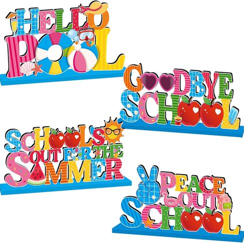4Pcs Schools Out for Summer Decorations Wooden Table Centerpiece Last Day of School Table Decorations Goodbye School Hello Pool Tabletop Tiered Tray Decor for End of School Year Party Decor Supplies in Kuwait