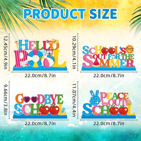 4Pcs Schools Out for Summer Decorations Wooden Table Centerpiece Last Day of School Table Decorations Goodbye School Hello Pool Tabletop Tiered Tray Decor for End of School Year Party Decor Supplies in Kuwait