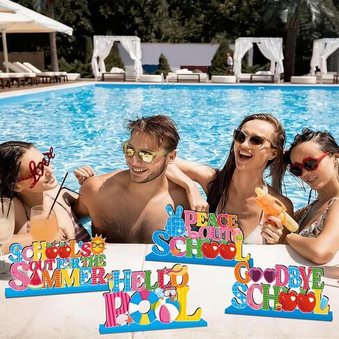 4Pcs Schools Out for Summer Decorations Wooden Table Centerpiece Last Day of School Table Decorations Goodbye School Hello Pool Tabletop Tiered Tray Decor for End of School Year Party Decor Supplies in Kuwait
