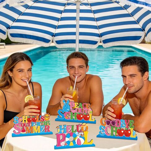 4Pcs Schools Out for Summer Decorations Wooden Table Centerpiece Last Day of School Table Decorations Goodbye School Hello Pool Tabletop Tiered Tray Decor for End of School Year Party Decor Supplies in Kuwait