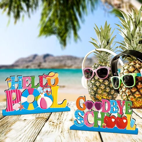 4Pcs Schools Out for Summer Decorations Wooden Table Centerpiece Last Day of School Table Decorations Goodbye School Hello Pool Tabletop Tiered Tray Decor for End of School Year Party Decor Supplies in Kuwait