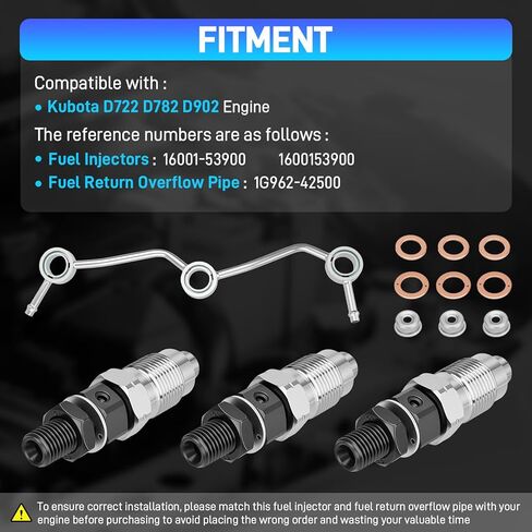 حاقن الوقود 16001-53900 وأنبوب فائض إرجاع الوقود 1G962-42500 متوافق مع محرك Kubota D722 D782 D902، استبدل #1600153900#1G96242500 in Kuwait