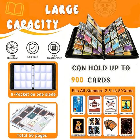 9 Pocket 3 Ring Trading Card Binder for MTG&TCG&Pokemon Card, with 50 Page Top Loading Card Sleeves, Can Hold 900 Card, Zipper Closure, Waterproof PU Leather Card Album for Standard size cards. in Saudi Arabia