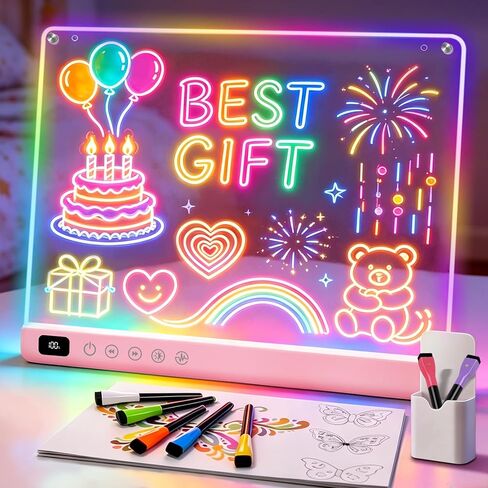 Cosmody Rechargeable LED Drawing Board for Kids, Large 16" Light Up Drawing Pad with 8 RGB Colors & 6 Dynamic Modes, Neon Art Dry Erase Board with Tracing Book & 7 Markers, Gift for Girls Boys(Pink) in Saudi Arabia