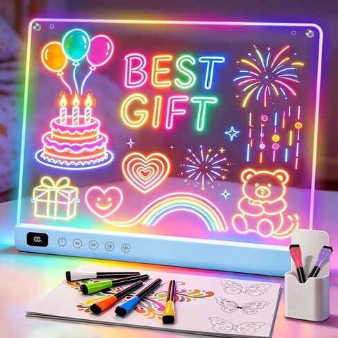 Cosmody Rechargeable LED Drawing Board for Kids, Large 16" Light Up Drawing Pad with Tracing Book & 7 Markers, Neon Art Dry Erase Board with 8 RGB Colors & 6 Dynamic Modes, Gift for Girls Boys(Blue) in Kuwait