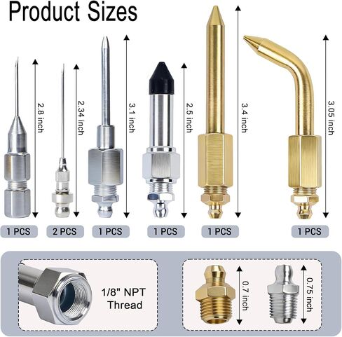 7PCS Grease Gun Needle Tip Kit, Grease Injector Needle Grease Gun Adapter Set for Bearings, U-Joints Tight Spaces, Straight & Elbow Nozzle Accessories for Grease Guns in Kuwait