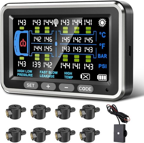 نظام مراقبة ضغط إطارات المقطورة 18 جهاز استشعار، 4.5 بوصة RV TPMS مع مستشعر التدفق من خلال، 6 أوضاع تنبيهات مراقب لشبه الشاحنة / العربة / العجلة الخامسة، منزل متنقل، معزز الإشارة، 0-199 رطل لكل بوصة مربعة (4-22 مستشعرًا) in Kuwait