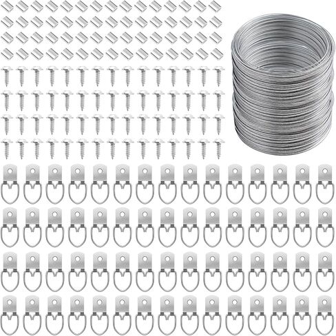 181 Pcs Zruosiniy Premium Picture Hanging Kit, 100FT Braided Hanging Wire, 60 D Ring Hangers with Screws, 60 Aluminum Crimping Sleeves, Heavy Duty for Frames, Mirrors, Canvas, Artwork & Home Decor in Kuwait